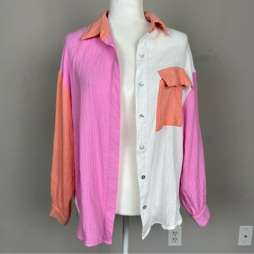 ENTRO COLOR BLOCK BUTTON UP COLLARED COTTON GAUZY TOP SIZE SMALL - Picture 4 of 15